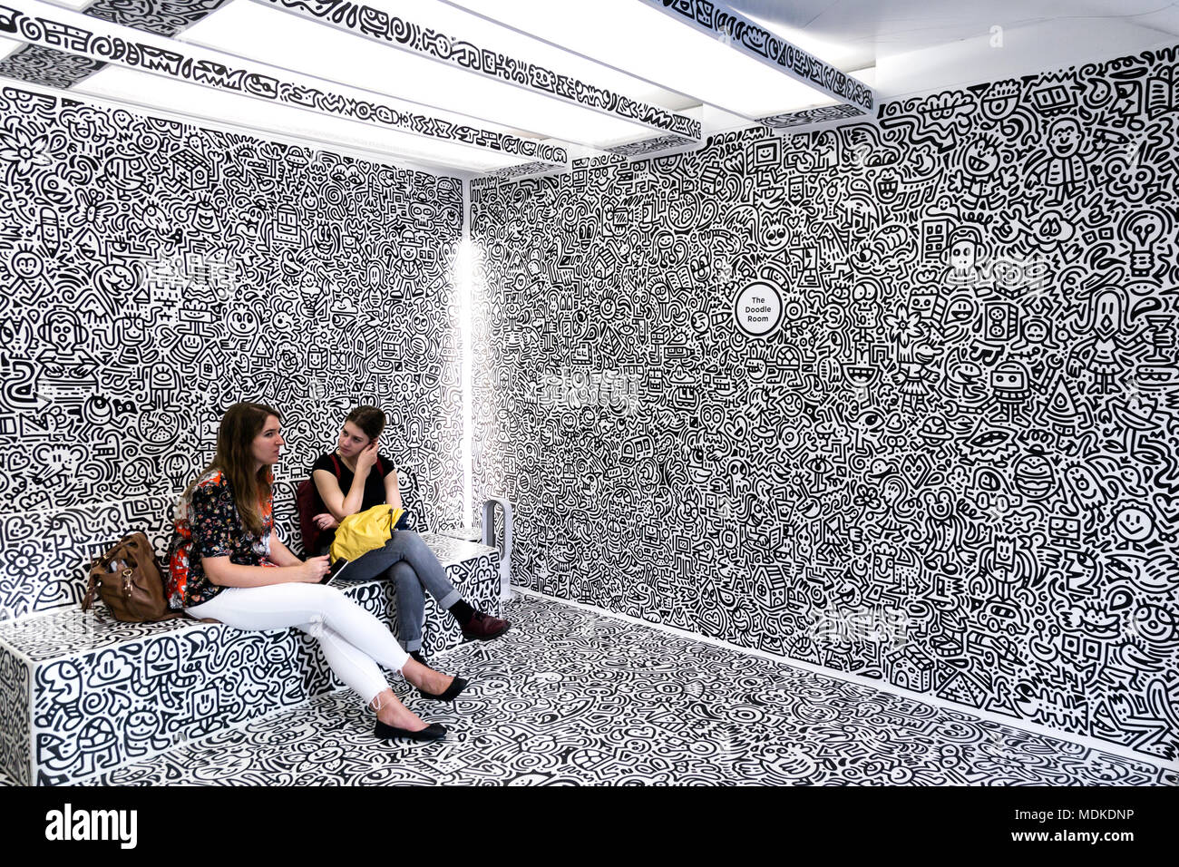 The Doodle Room by Mr Doodle in black and white graffiti at the 'Sense Of Space' installation in Exchange Square, Liverpool Street, London, UK Stock Photo