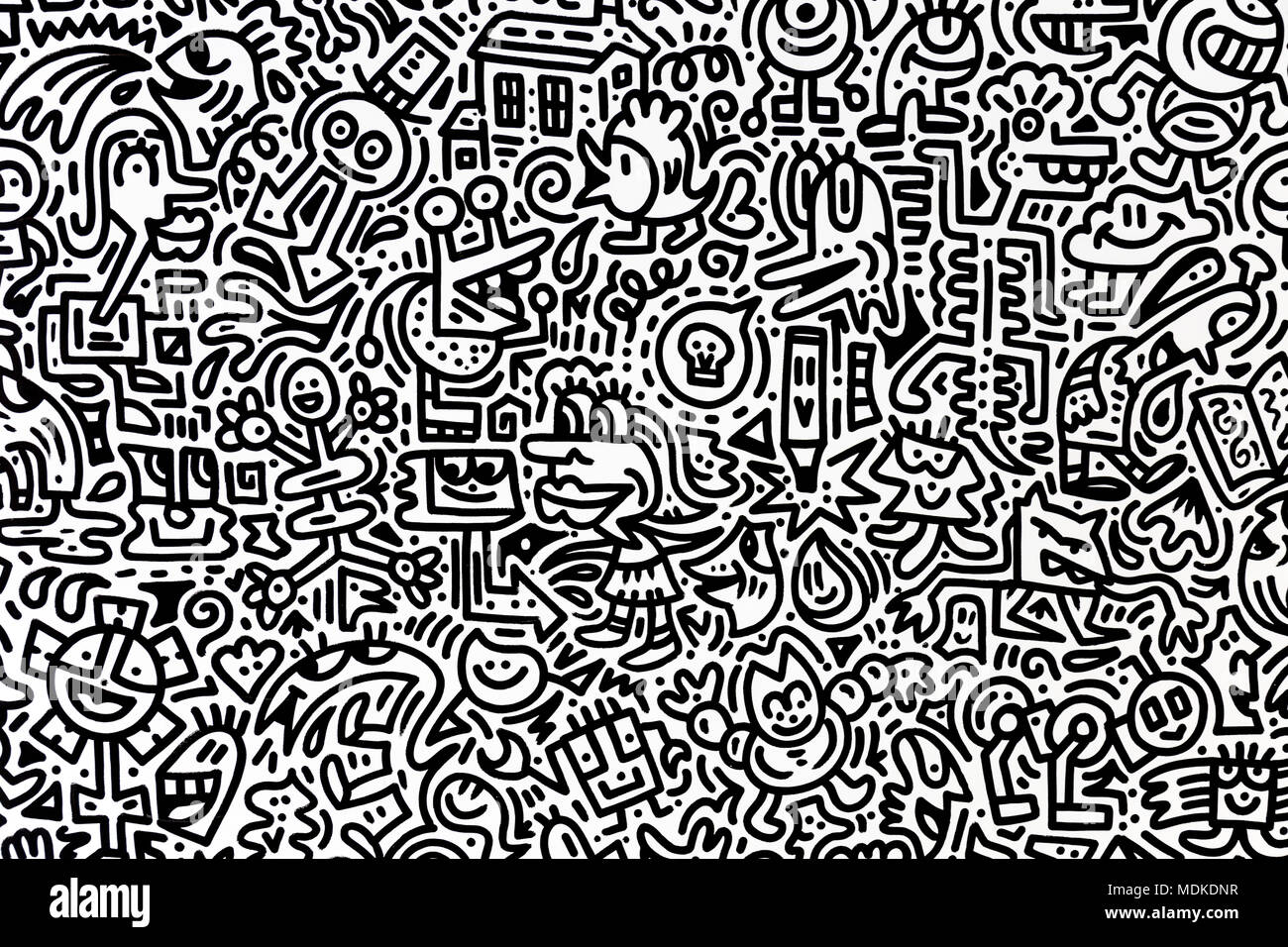 The Doodle Room by Mr Doodle in black and white graffiti at the 'Sense Of Space' installation in Exchange Square, Liverpool Street, London, UK Stock Photo