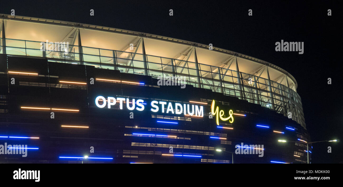 Perth Stadium also known as Optus Stadium lit up at night Stock Photo