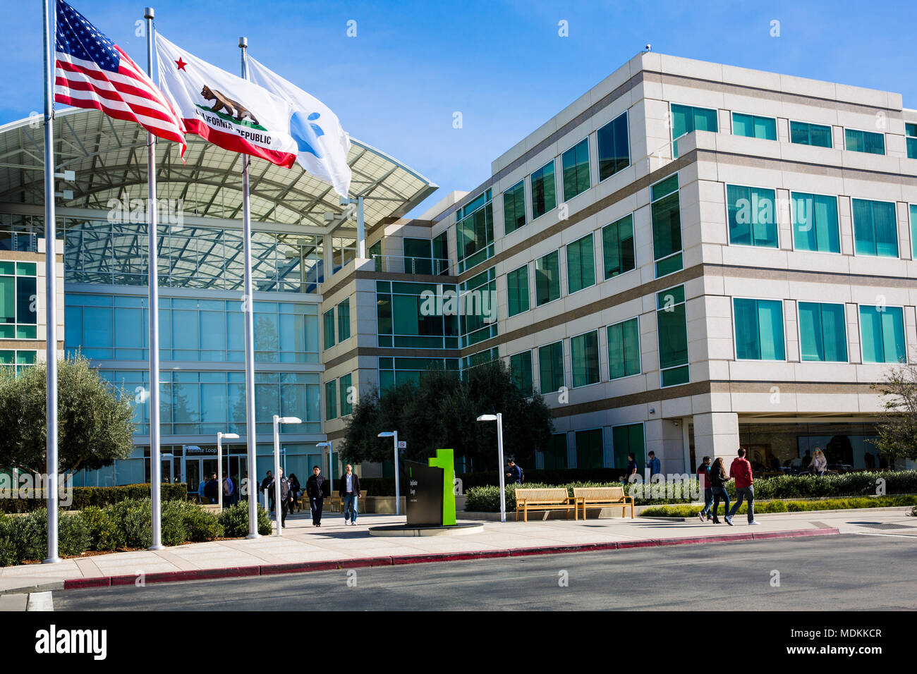 Apple Infinite Loop, Cupertino, California, United States (USA) - January 30, 2017: Apple stuff and visitors in front of the Apple world headquarters Stock Photo