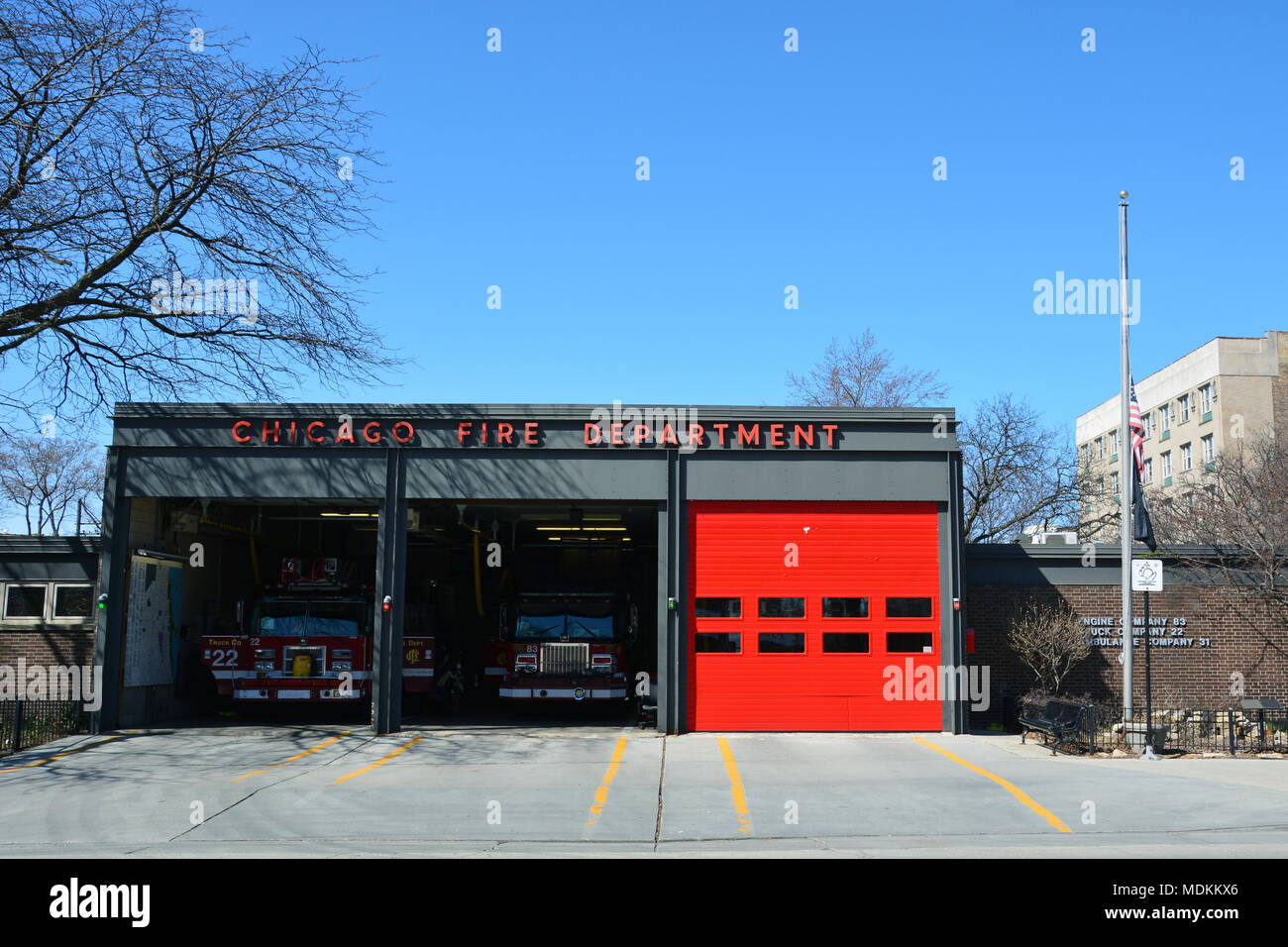 The doors to the fire station are open on a warm spring day in Chicago's Uptown neighborhood. Stock Photo