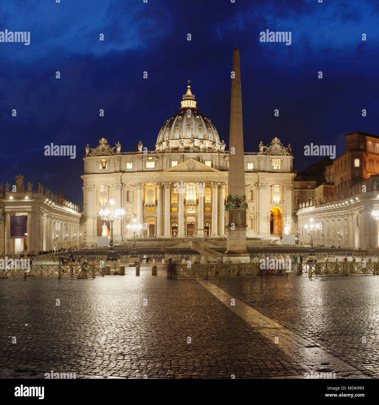 Obelisk on St. Peter's Square with St. Peter's Basilica, Dawn, Vatican, Rome, Lazio, Italy Stock Photo