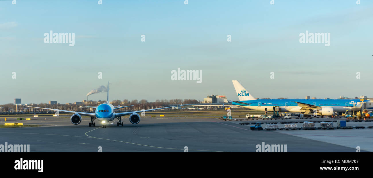 AMSTERDAM, NETHERLANDS - March 20, 2018: Plains of KLM Royal Dutch Airlines in Amsterdam international airport Stock Photo