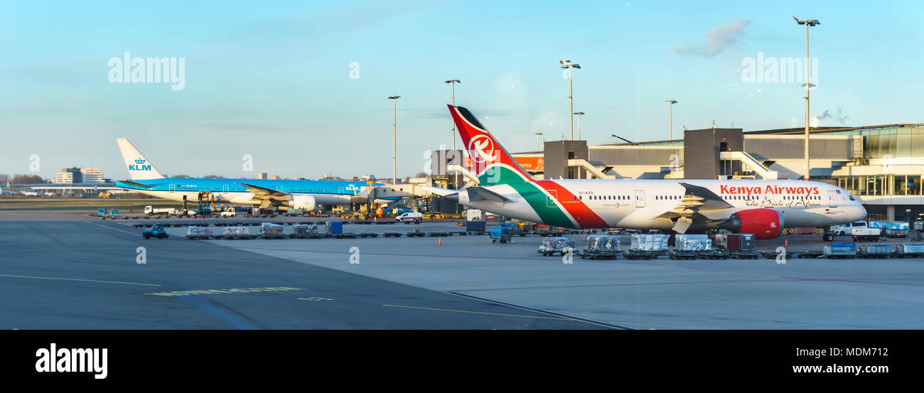 AMSTERDAM, NETHERLANDS - March 20, 2018: Plains of KLM Royal Dutch Airlines in Amsterdam international airport Stock Photo