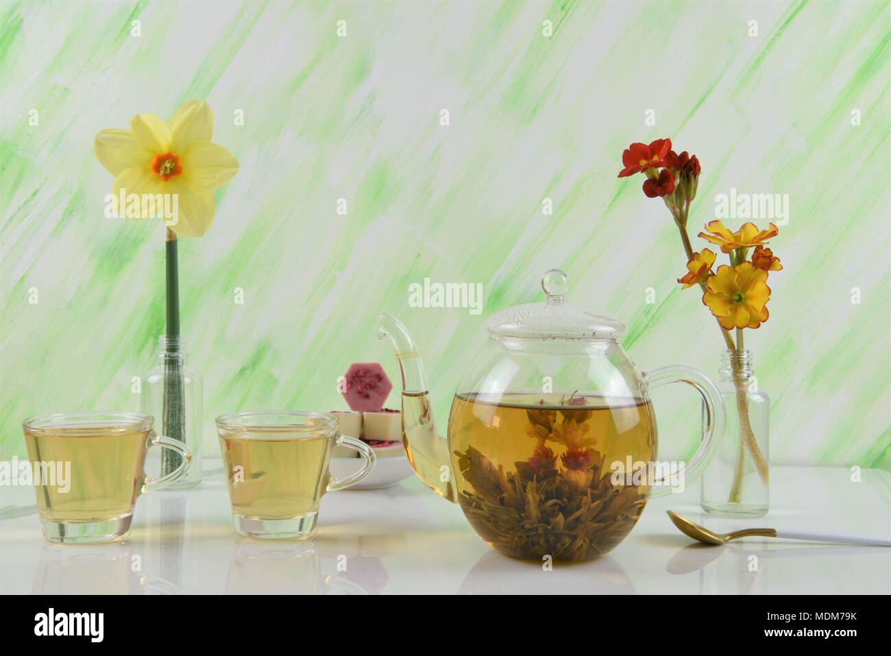 flowering tea in glass teapot Stock Photo Alamy