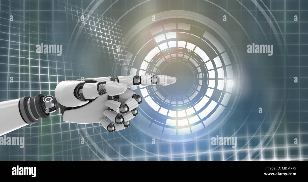 Robotic android hand pointing and Glowing circle technology interface Stock Photo