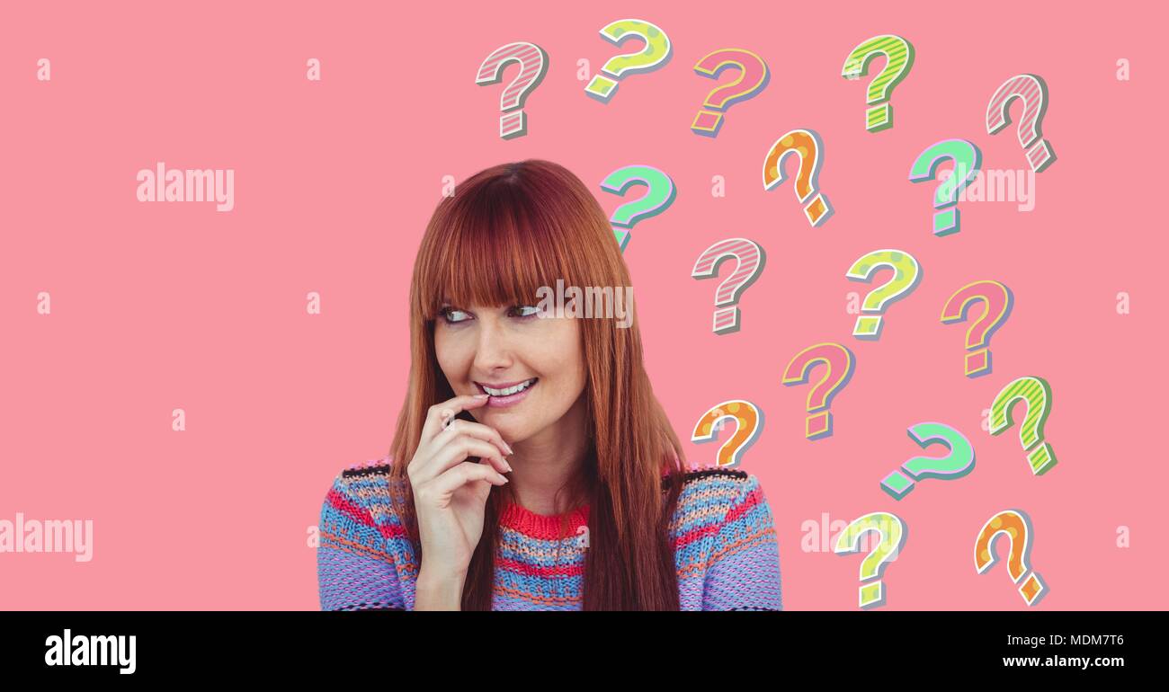 Woman thinking with colorful funky question marks Stock Photo