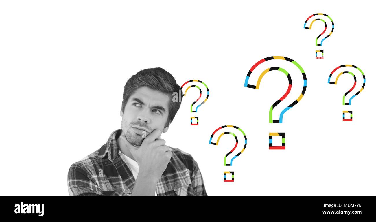 Man thinking with colorful question marks Stock Photo