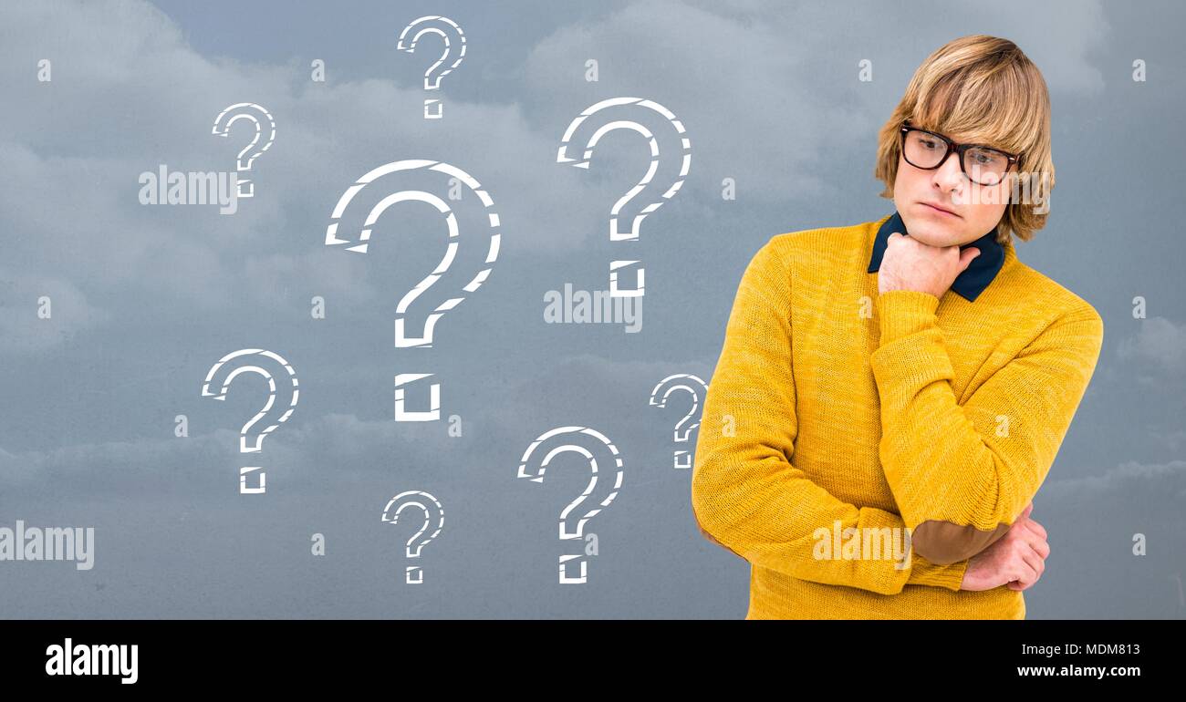 Man thinking with stencil question marks Stock Photo
