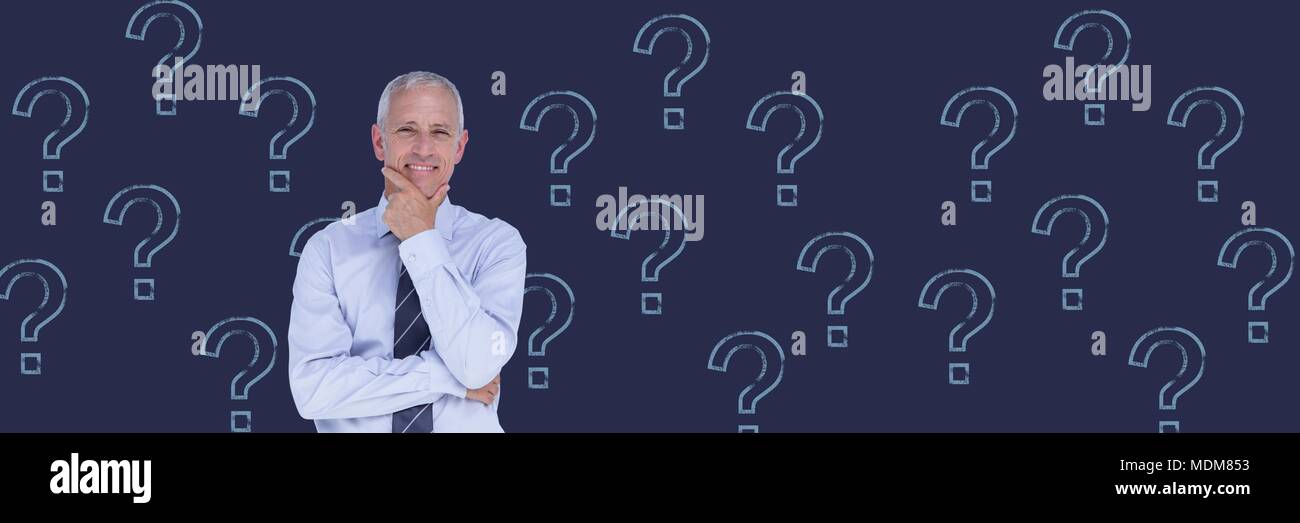 Man thinking with stencil question marks Stock Photo