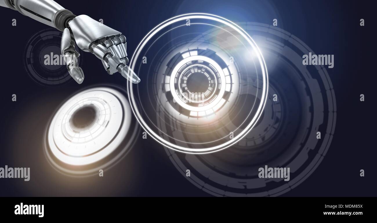 Robotic android hand touching and Glowing circle technology interface Stock Photo