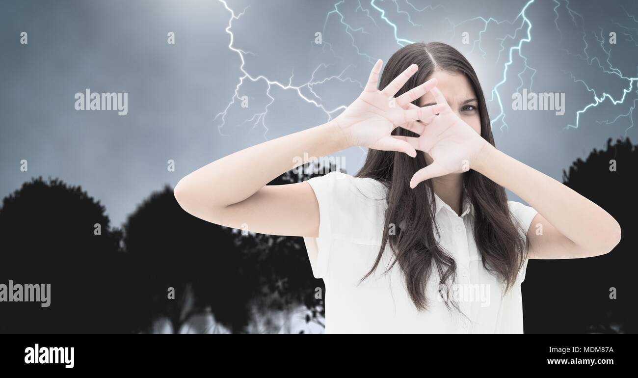 Lightning strikes and scared afraid woman Stock Photo Alamy