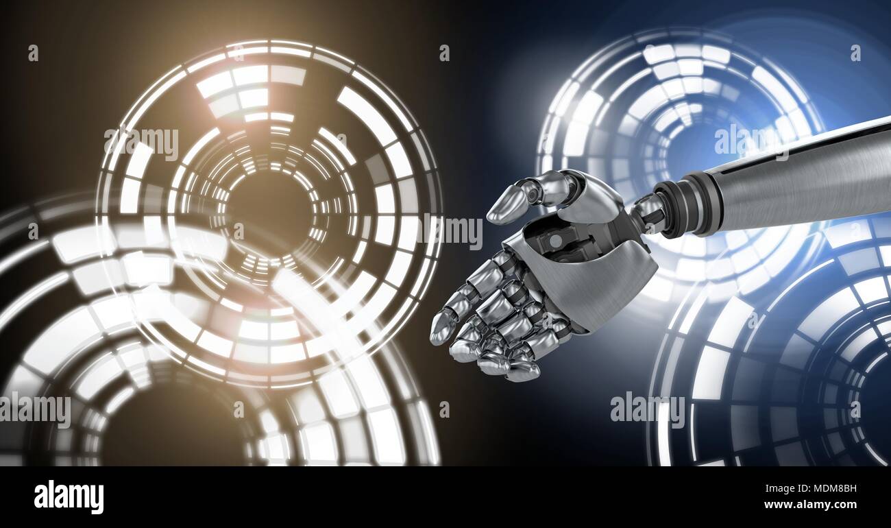 Robotic android hand and Glowing circle technology interface Stock Photo
