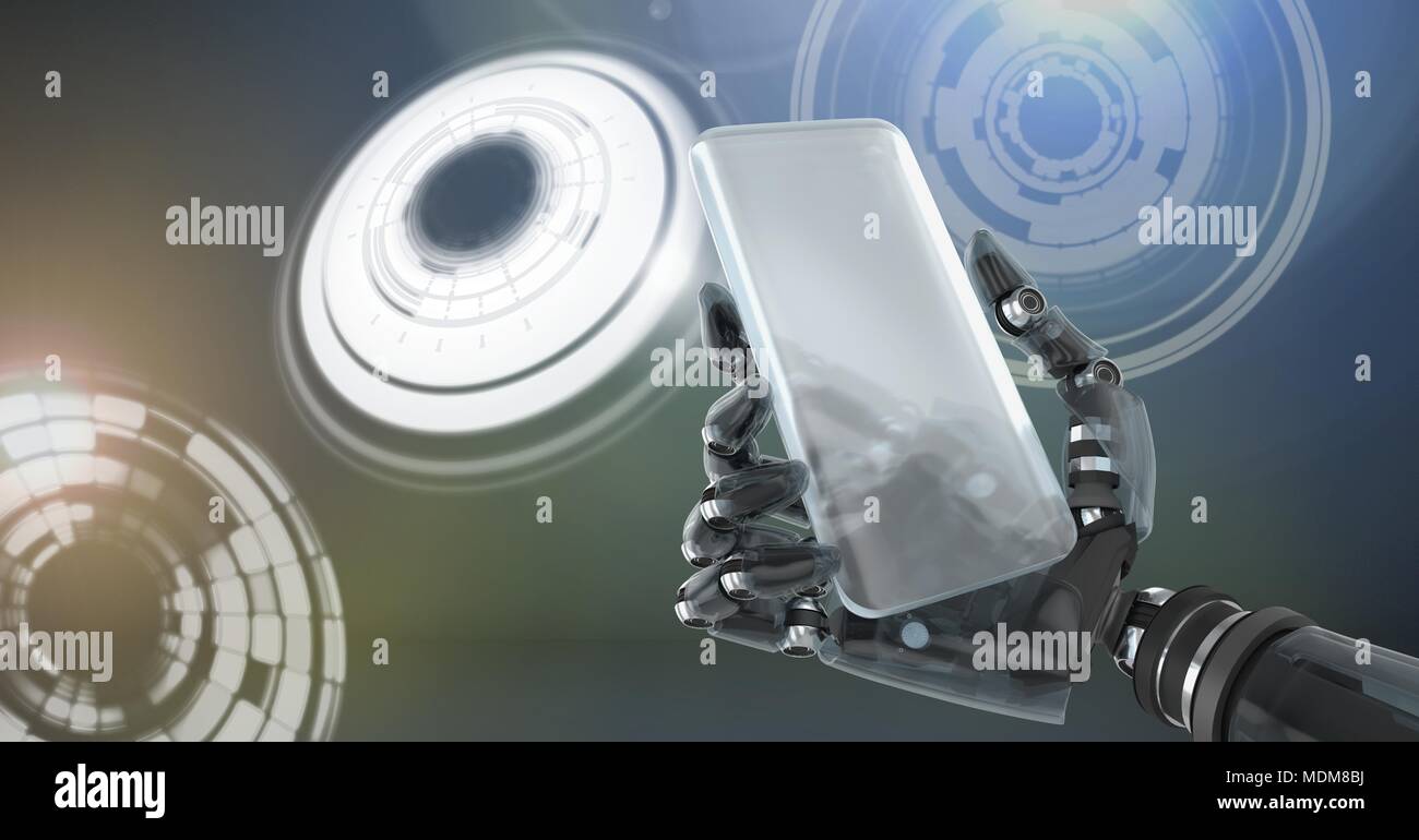 Pretty Android Hand Robotic android hand holding phone and Glowing circle technology ...