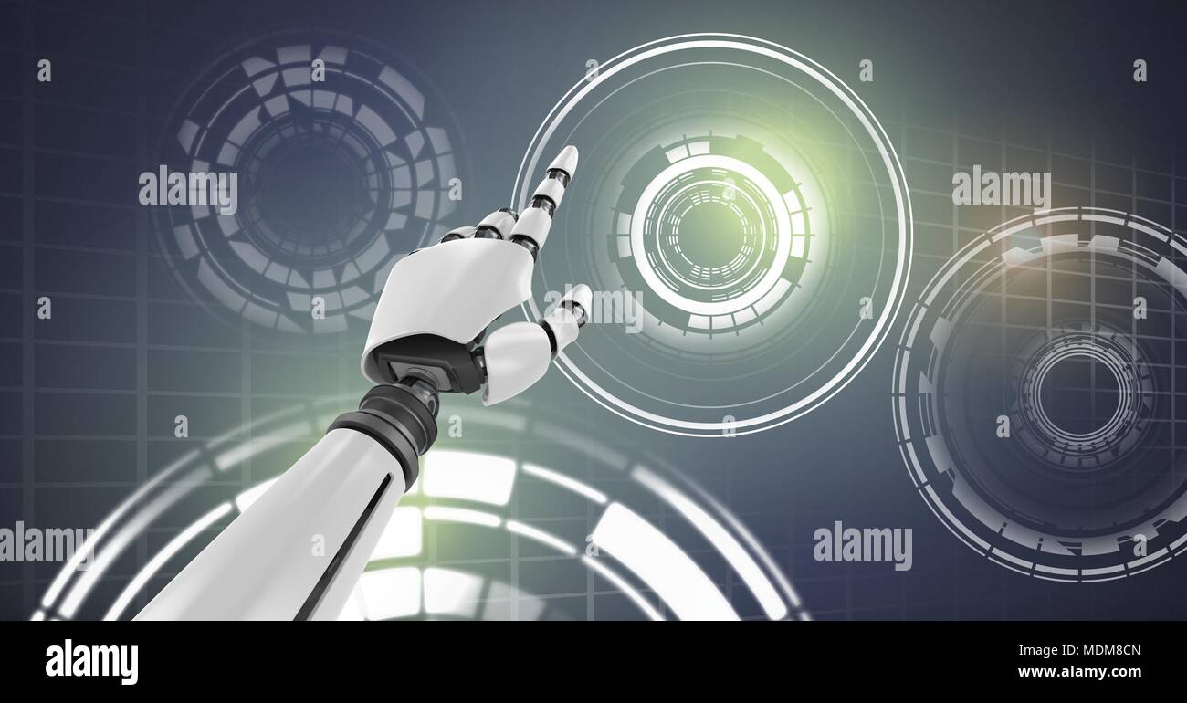 Robotic android hand pointing and Glowing circle technology interface ...