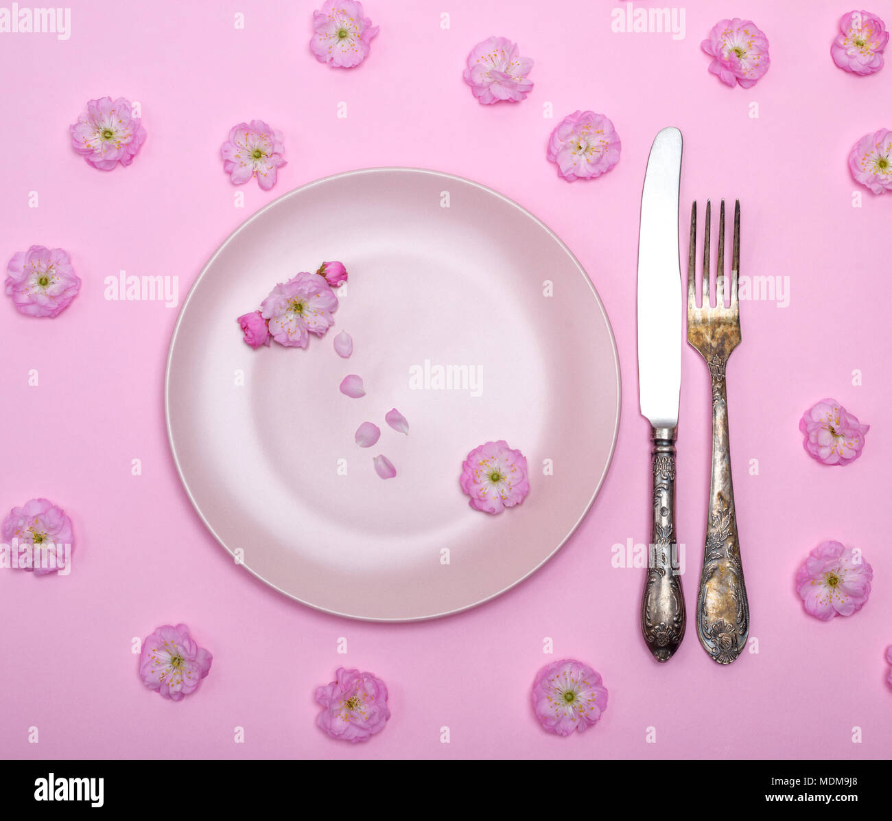 empty round pink ceramic plate and a vintage knife with a fork on a ...