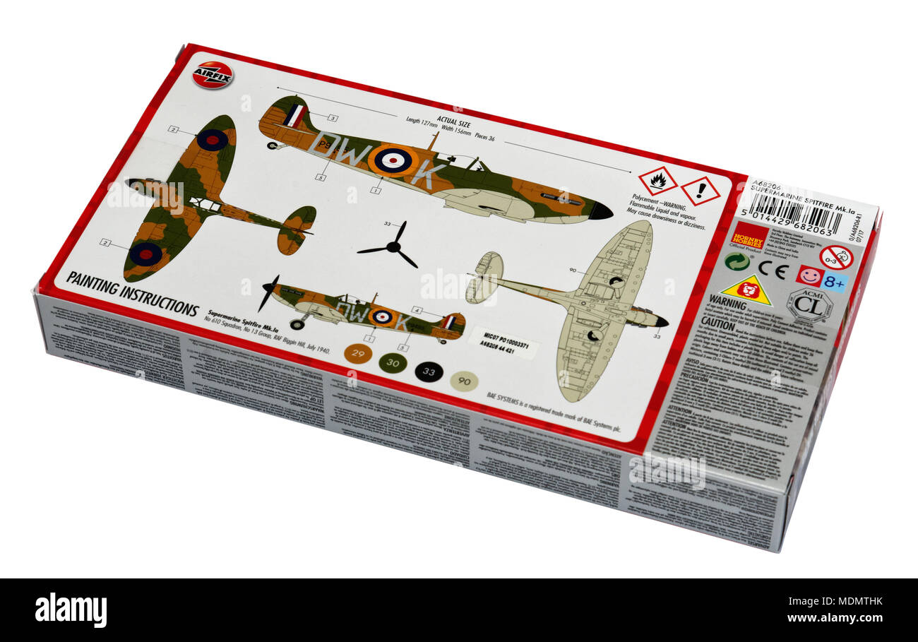 An Airfix model aeroplane kit - the classic 1/72 scale Spitfire Stock Photo