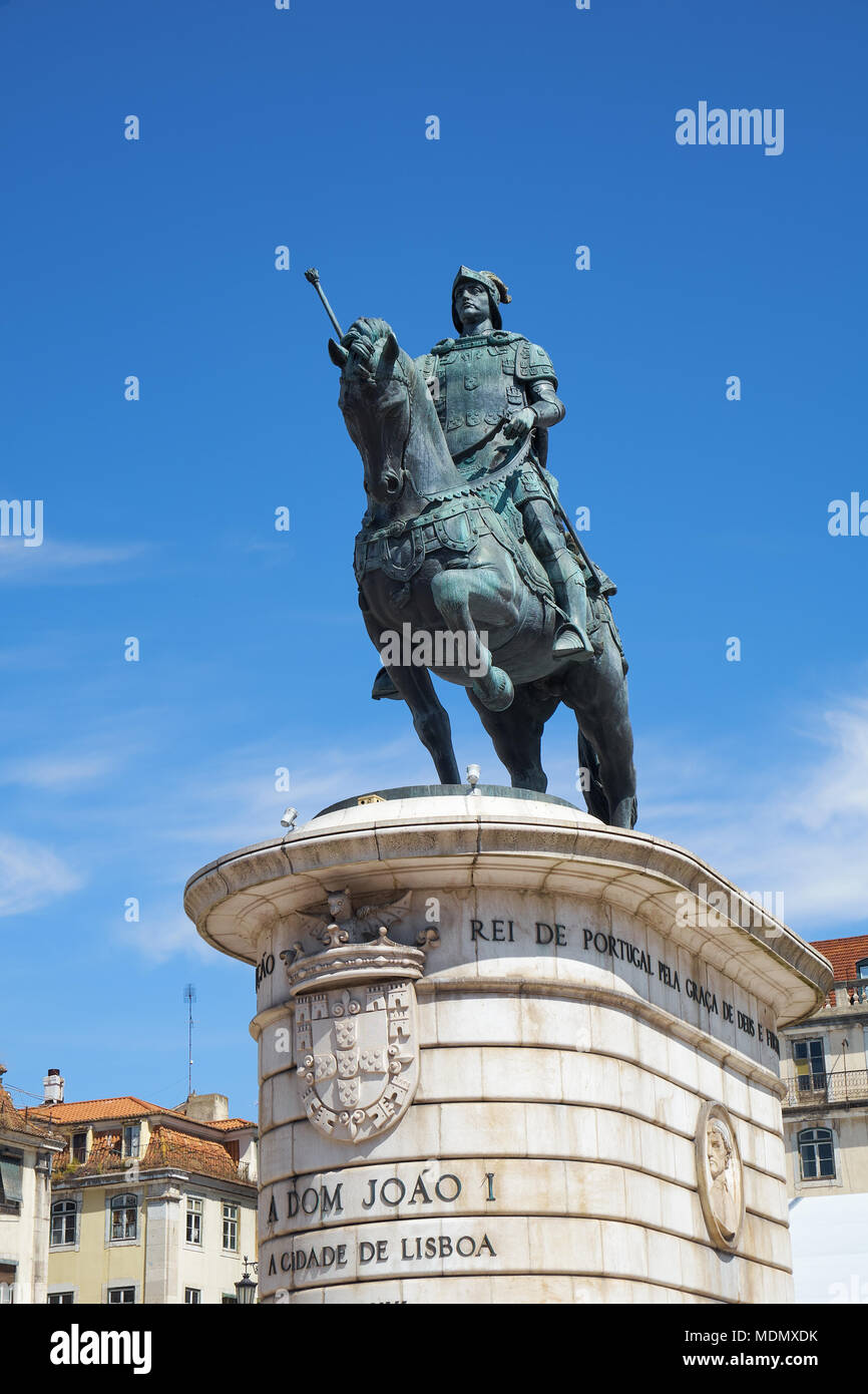 The bronze equestrian statue of King Joao I, by sculptor Leopoldo de Almeida,  on the square of the Fig Tree (Praca da Figueira) in the central of Lis Stock Photo
