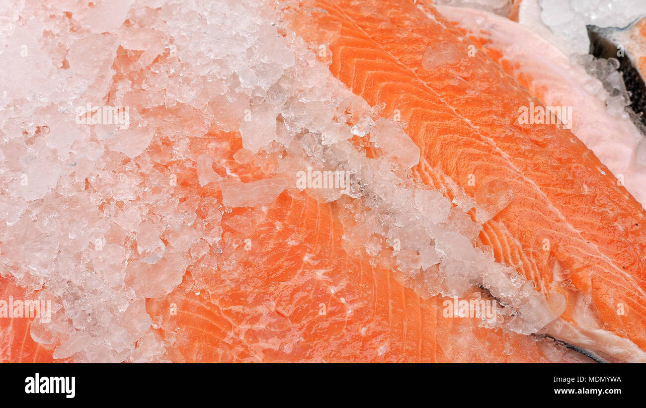 Fresh Salmon fillets and and shredded ice in a local market. Stock Photo