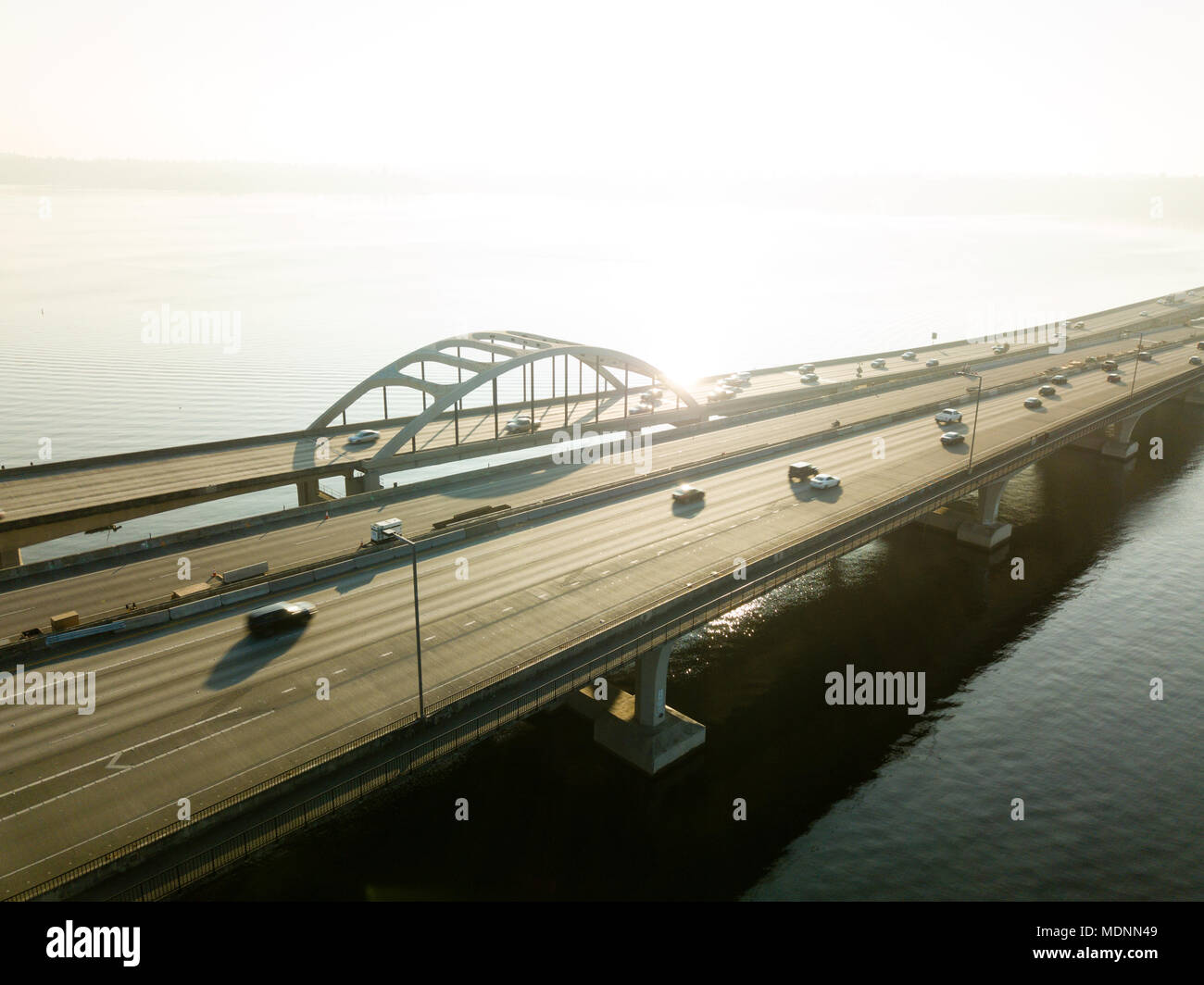 Aerial view of the I-90 floating bridge from Mercer Island, Washington. Stock Photo