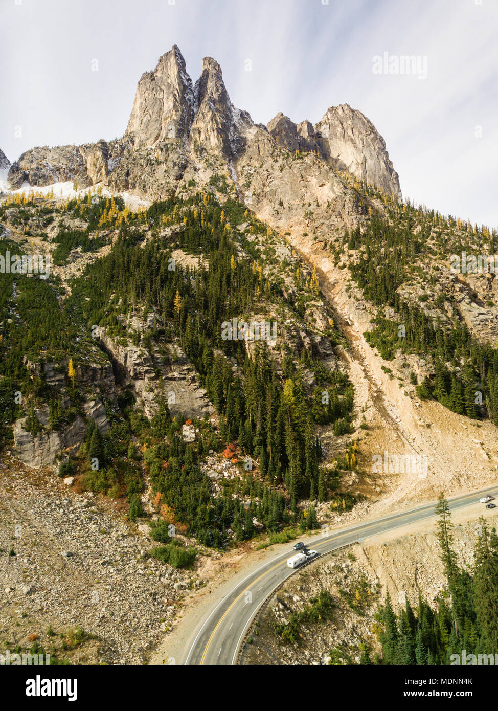 Aerial view of Early Winters Spires and Highway 20 in the North Cascades of Washington State. Stock Photo