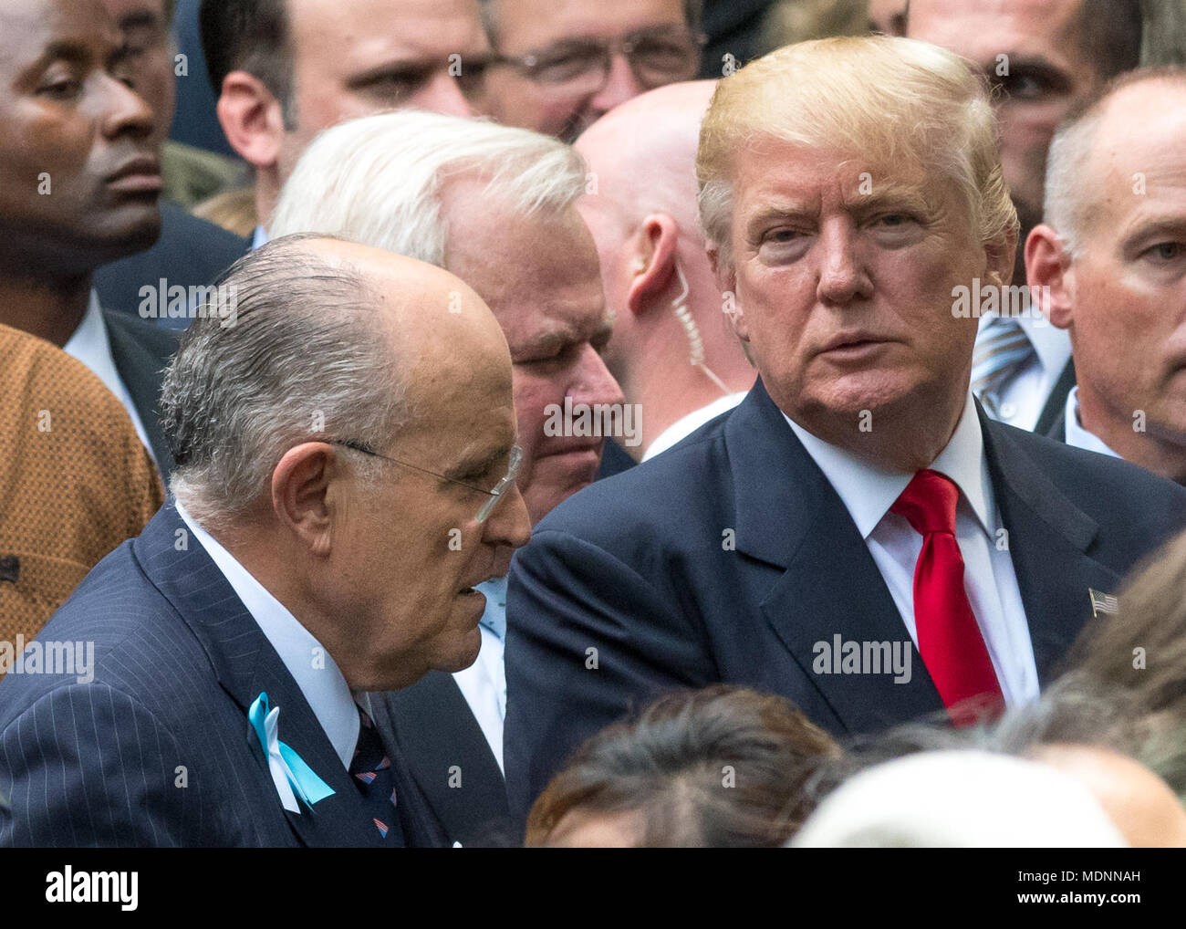 New York, USA, 11 September 2016.  US President Donald Trump talks to former New York Mayor Rudolph Giuliani in this file photo from 9/11/2016 at the September 11 Memorial in New York City.  Giuliani will join Trump's legal team in an effort to resolve the special counsel’s Russia inquiry, it was announced on April 19, 2018. Photo by Enrique Shore​ / Alamy Stock Photo Stock Photo