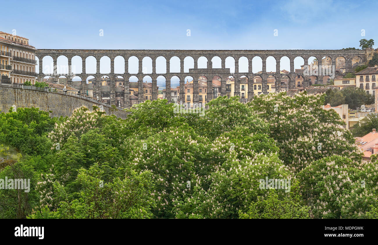 Aqueduct of Segovia - the longest Roman aqueduct preserved in Western Europe. Stock Photo