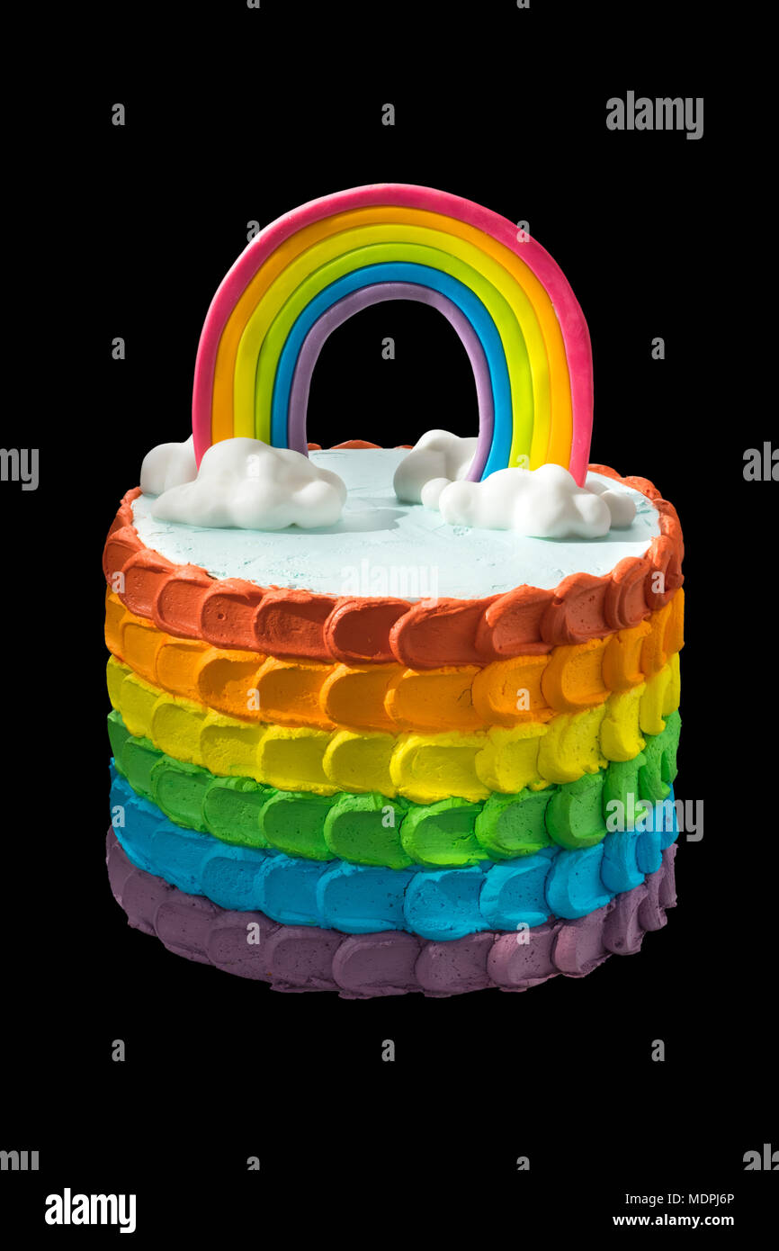 birthday rainbow cake on a black background Stock Photo