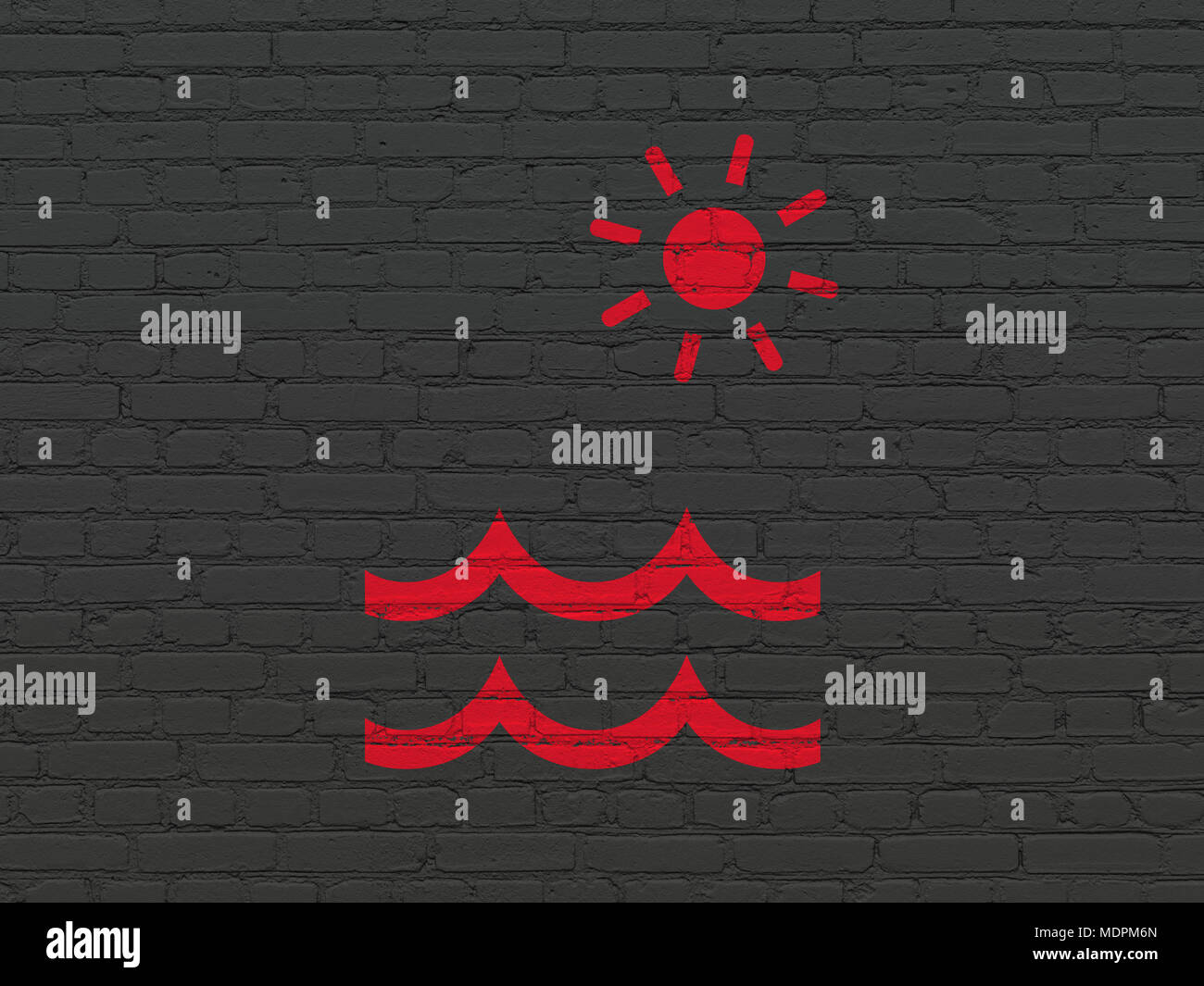 Travel concept: Painted red Beach icon on Black Brick wall background ...