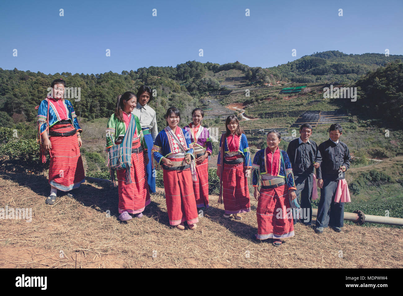 CHIANGMAI THAILAND - JAN10 : group of dara-ang thai hill tribe people standing in domestic village cultivation Stock Photo