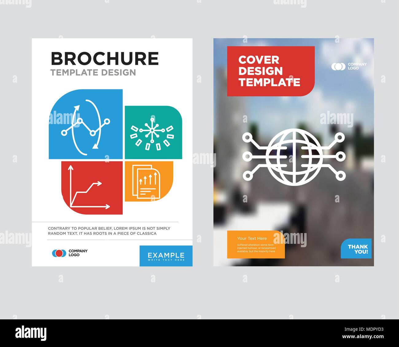 Globe Connected Circuit brochure flyer design template with abstract photo background, Bars chart page, Data analytics circular, Triangular pyramid, D Stock Vector