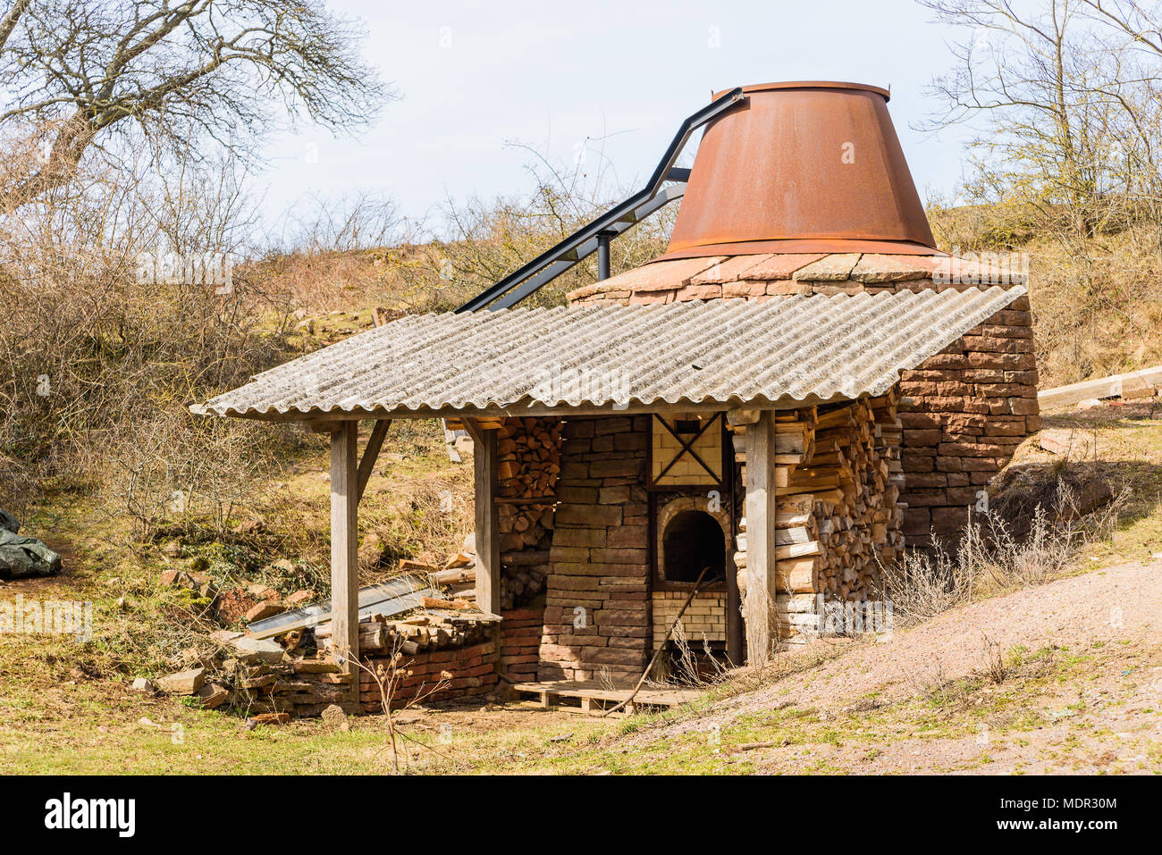 Traditional wood fired lime kiln for production of slaked lime. Working