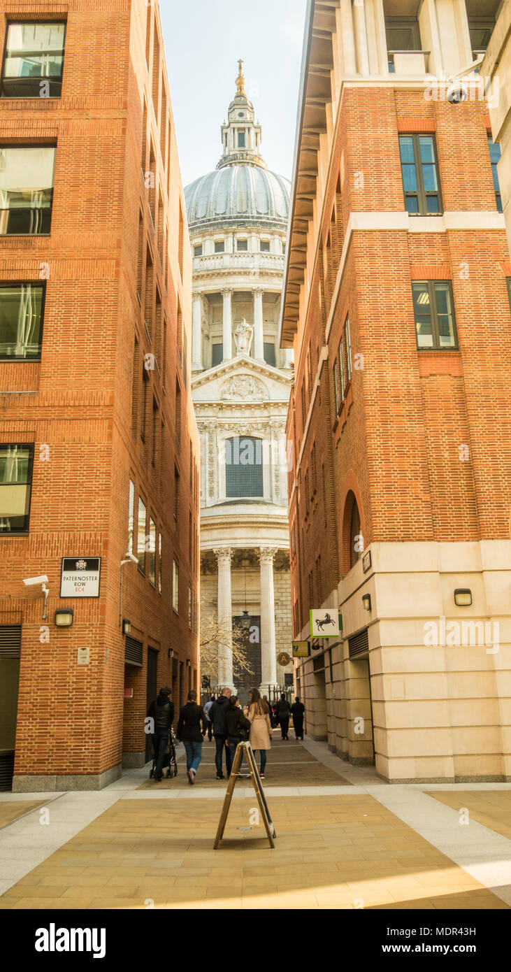 St Pauls Cathedral as seen through a narrow street, London England Stock Photo