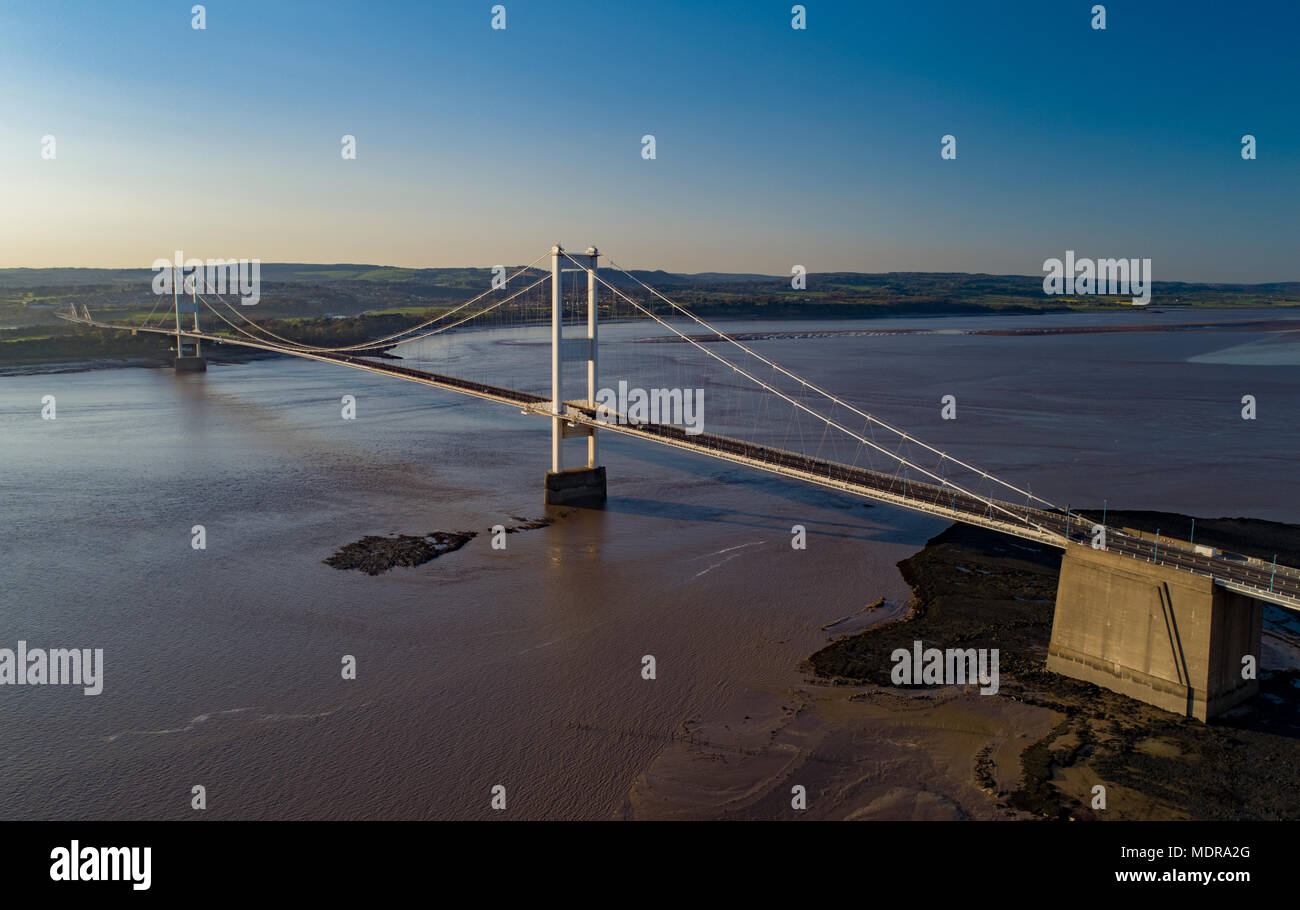 Aeriel View of Severn Bridge in Somerset. This was the orignal Severn bridge and carries the M48 to Wales Stock Photo