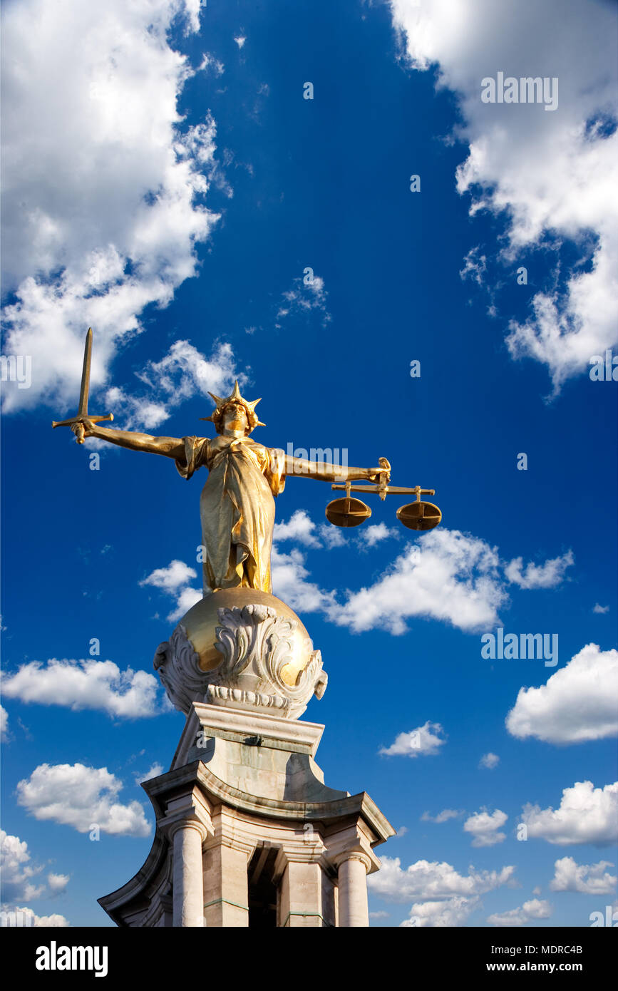 London, UK; statue of Justice on top of the London Criminal Court (Old