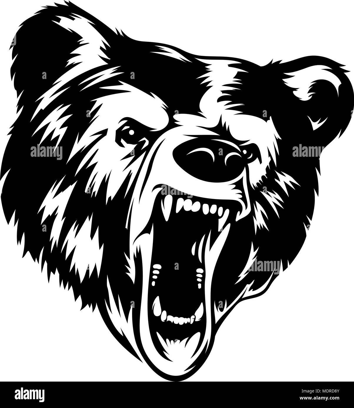 Grizzly Bear head black-white vector illustration. It can be used as a print on T-shirts and other clothes Stock Vector