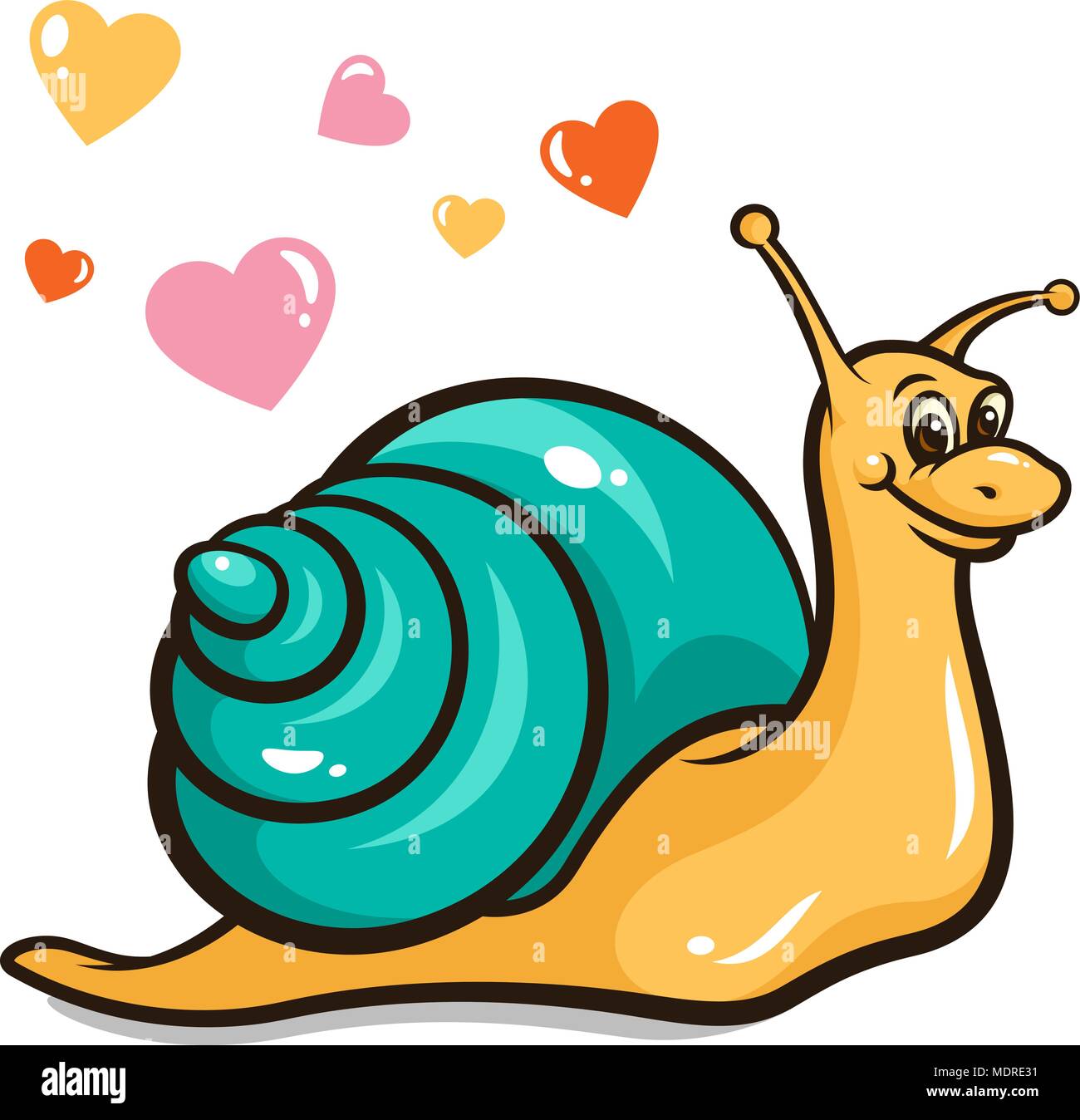 Vector illustration of a romantic snail with abstract hearts around Stock Vector