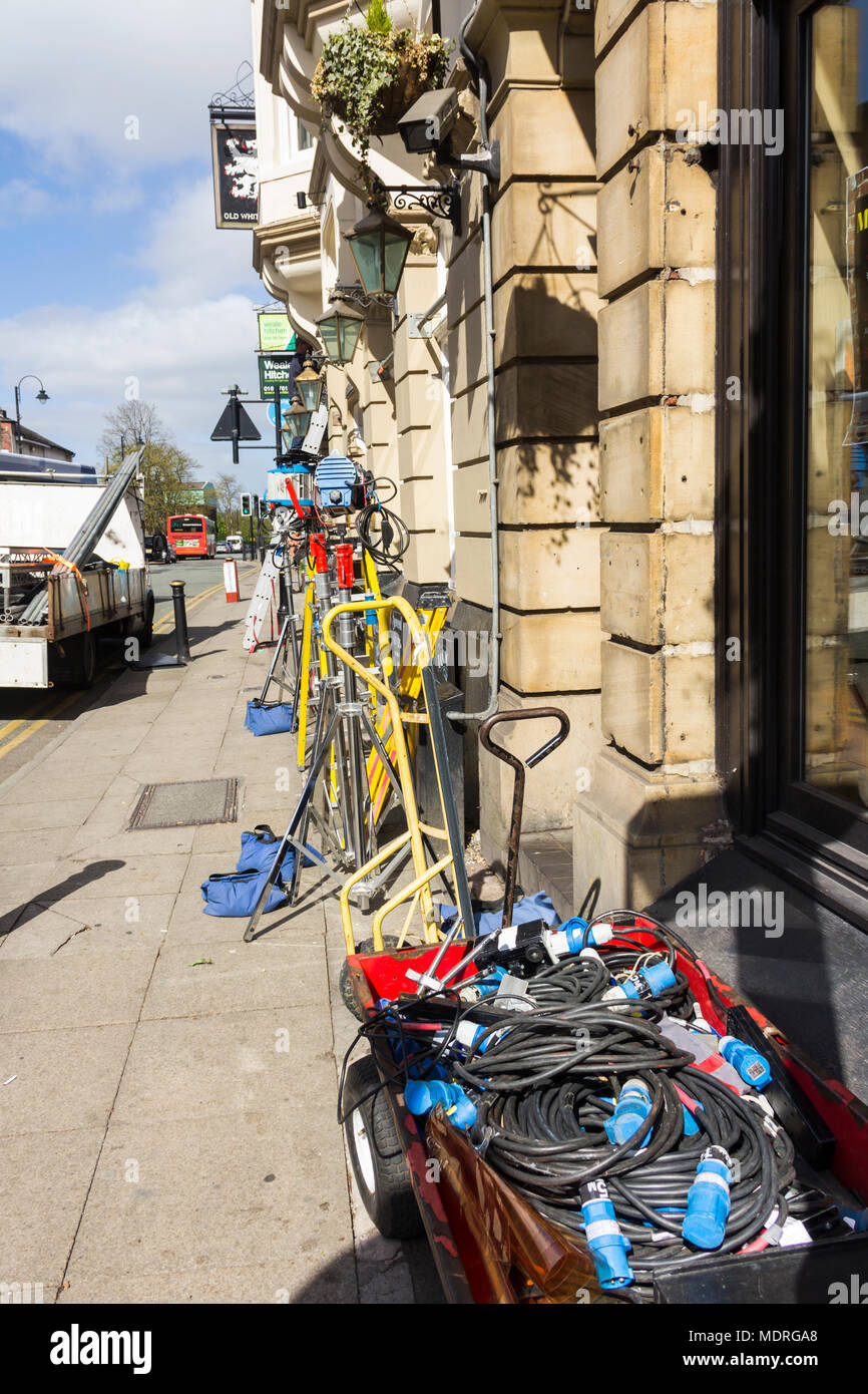 TV/movie lighting equipment outside the Old White Lion pub, Bolton Street, Bury,  in preparation for the filming of 'Bancroft', the ITV drama serial. Stock Photo