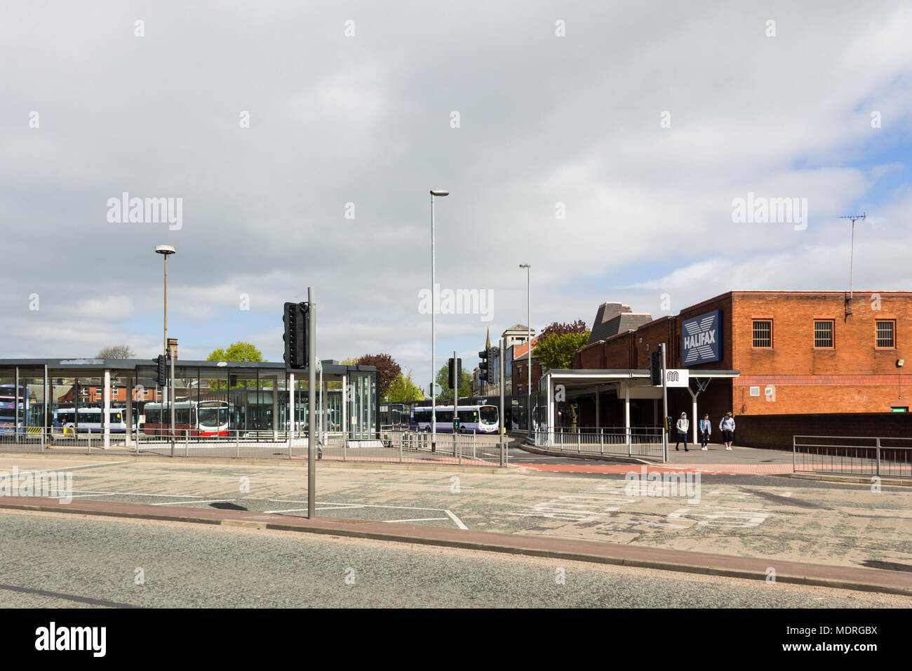 Bury bus station in Greater Manchester showing its exit onto Angouleme Way. Stock Photo