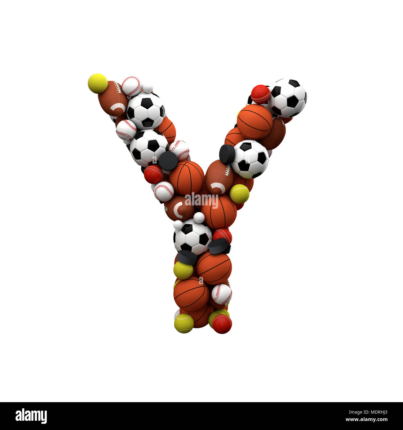 Letter Y. Font made from sports balls. 3D Rendering Stock Photo