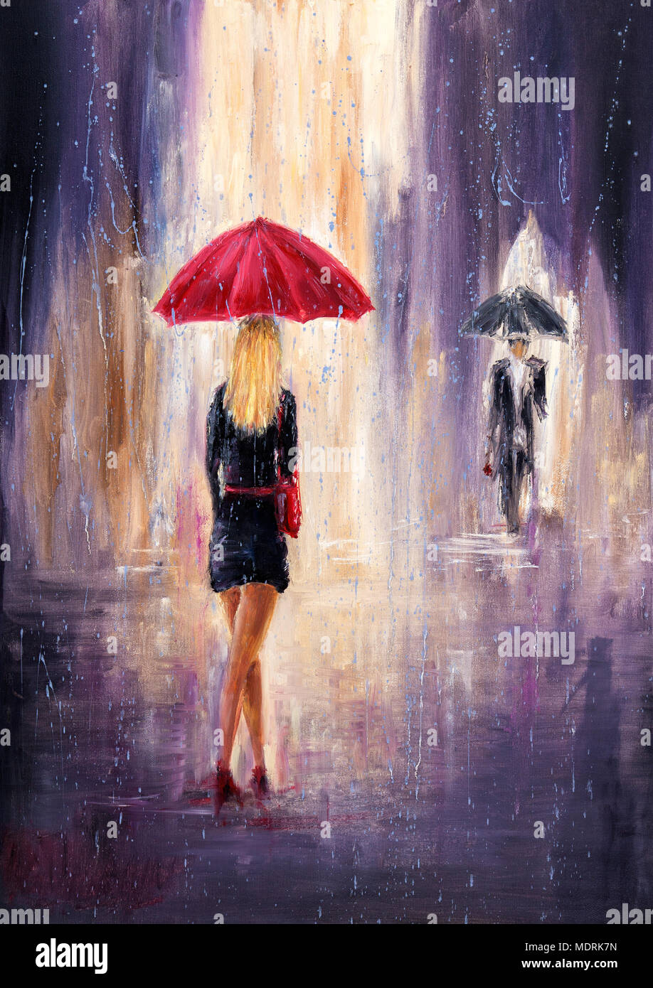 Original abstract oil painting showing woman and man with umbrellas walking  on the street on canvas. Modern Impressionism, modernism,marinism Stock  Photo - Alamy