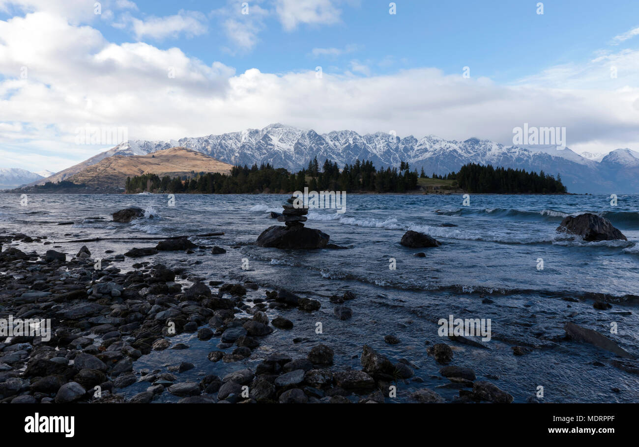 View of Lake Wakatipu  from Queenstown Gardens, Queenstown, South Island, New Zealand Stock Photo