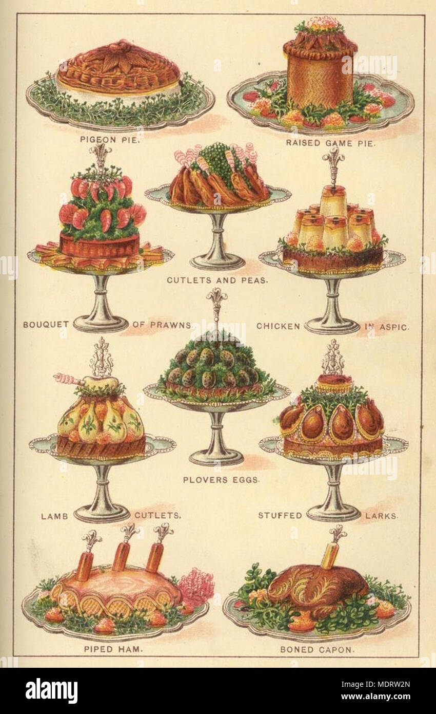 Coloured illustrations of meat and poultry piled onto elaborate silver. Location: Queensland, Australia  Description:   Food presented includes: a raised game pie; pigeon pie; lamb cutlets; piped ham and boned capon.  Mrs Beeton's cookery book . Mrs Beeton was considered to be the authority in the cookery field in the colonies and hostesses aspired to serve such dishes to their guests. Stock Photo