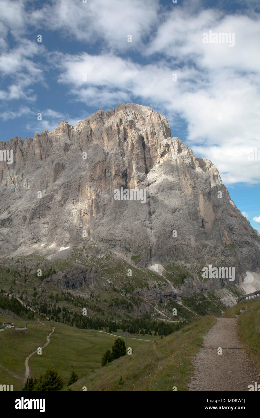 View from footpath 526A beneath the cliffs of the Langkofel near  Piz Sella above Selva Val Gardena Dolomites Italy Stock Photo