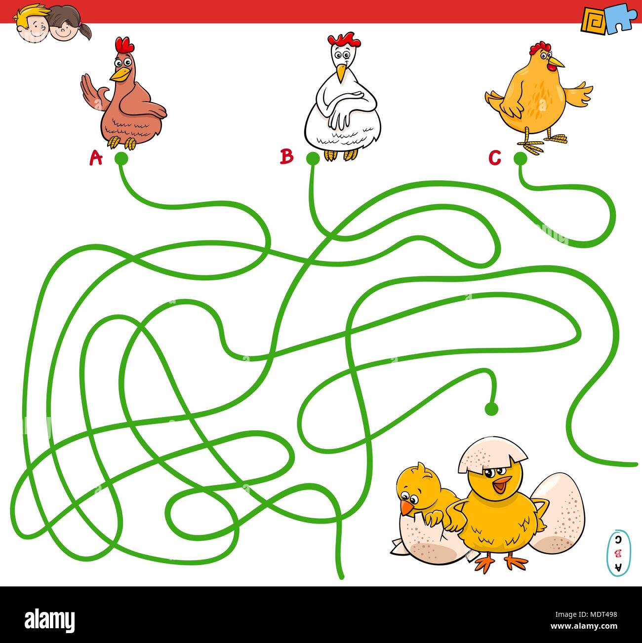 Cartoon Illustration of Paths or Maze Puzzle Activity Game with Hens