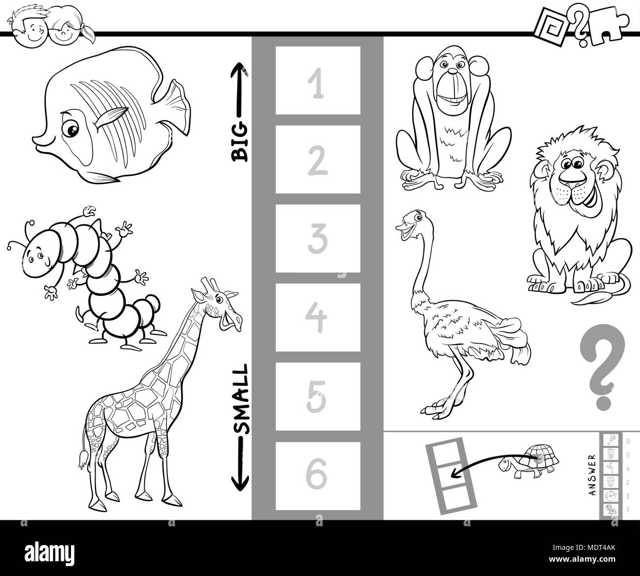Black and White Cartoon Illustration of Educational Game of Finding the Largest and the Smallest Animal with Funny Characters for Children Coloring Bo Stock Vector