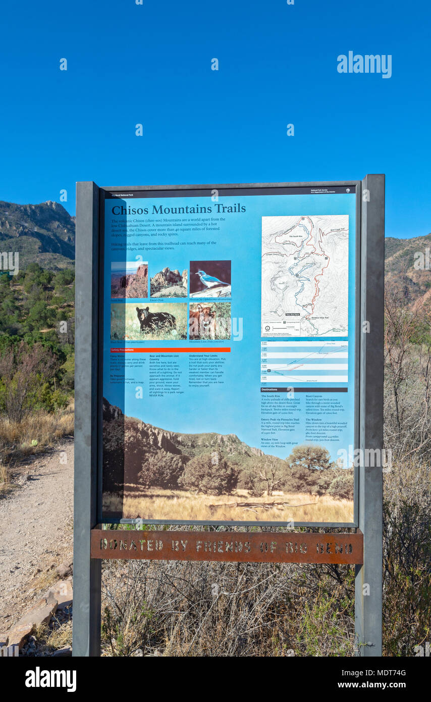 Texas, Big Bend National Park, Chisos Basin, Chisos Mountains Trails information sign Stock Photo