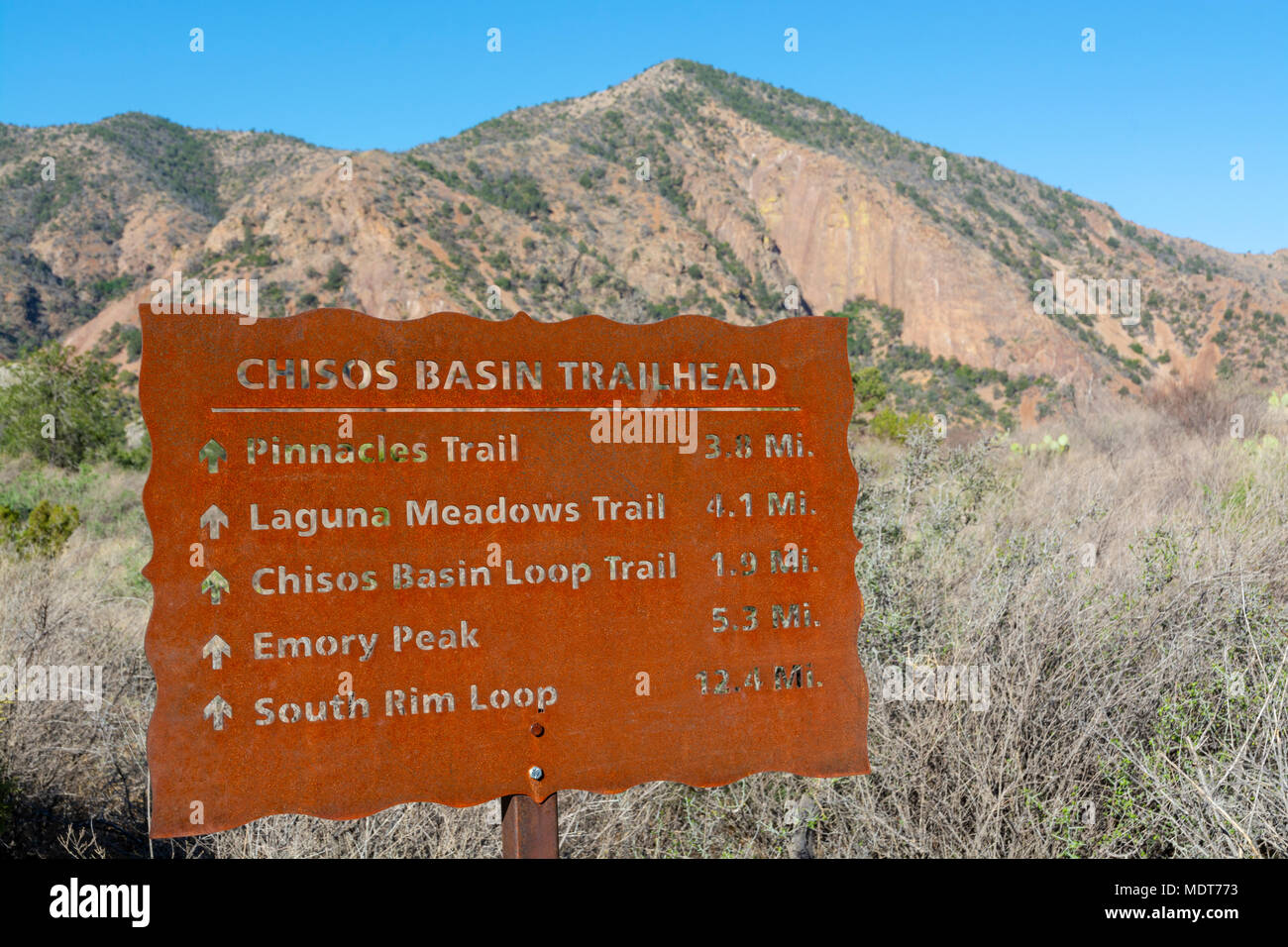 Texas, Big Bend National Park, Chisos Basin Trailhead sign Stock Photo