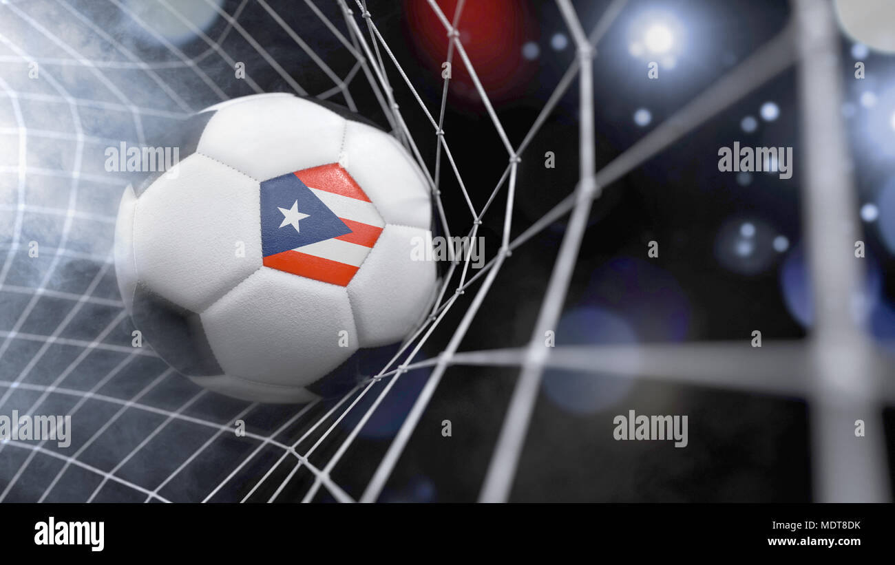 Very realistic rendering of a soccer ball with the flag of Puerto Rico in the net.(series Stock