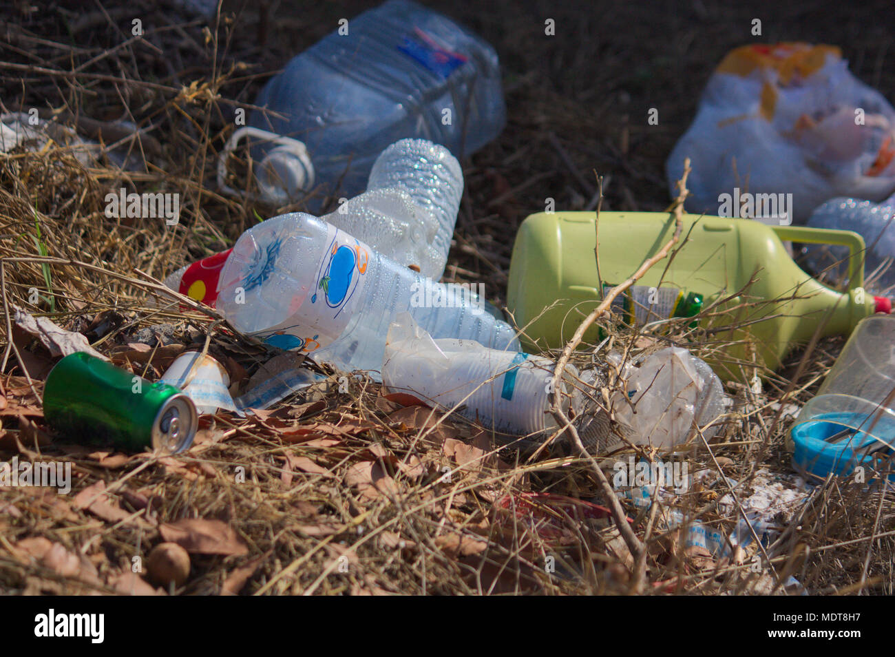 Abandoned bottles in the field Stock Photo